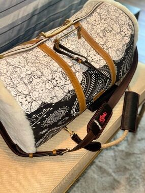 Dark Blue & White Bandana Print Duffel with Tan Trim